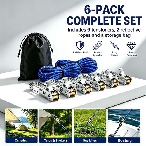 Paracord Adjusters（6-Pack）,Rope Tightening Tool & Tensioner,Rope with Roller Tensioner Heavy-Duty Tie Down for Camping, Tarps, Guy Lines, Boating, Cargo Bundling, & Outdoor Gear