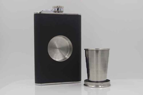 Stainless Steel 8oz Shot Flask Hip Flask With Built in Collapsible Cup (Black)