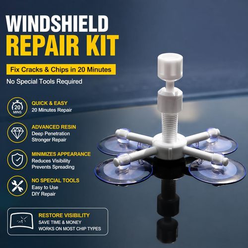 Windshield Repair Kit for quick DIY repair of small chips and cracks. Resin fills damage to improve clarity and reduce visibility. Suitable for bullseye, star, and minor damage. Easy home use