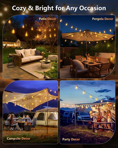 50ft Solar String Lights, LED Outdoor Waterproof, Shatterproof LED Bulbs, Remote-Controlled Adjustable Solar-Powered Decking & Patio Lighting, Light Sensor-Activated, IR Remote Dimmable, Dusk-to-Dawn, Home Decor