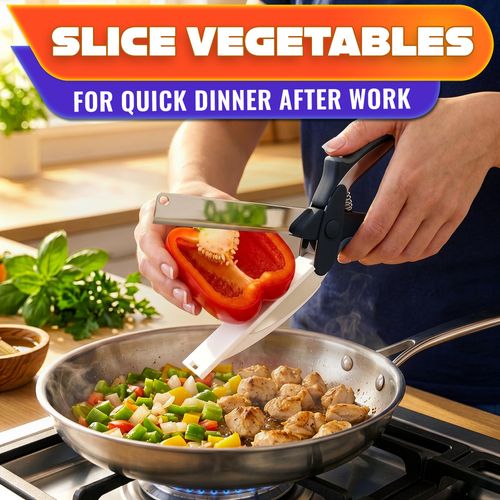 2 in 1 Kitchen Scissors for Food – Stainless Steel 9.5" Tomato Knife Chops Vegetables, Fruit, Cheese, Meat in Seconds | Dishwasher Safe Cutting Board Scissors with Safety Lock – Mess-Free Prep