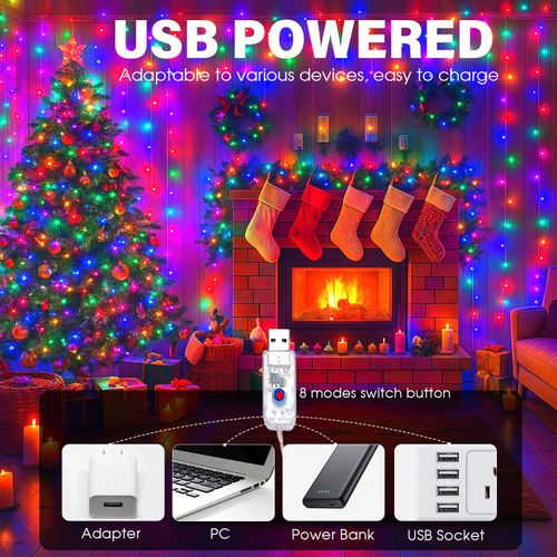 Fairy Lights 66ft 200 LED USB Twinkle String Light Plug in Silver Wire Lights with Remote 8 Modes Outdoor Waterproof Starry Lights DIY Party Wedding Christmas Decoration（Multicolor）