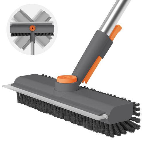 3-in-1 Floor Scrub Brush with Adjustable Durable Long Handle - 360°Rotating Scraper, Heavy-Duty Stiff Bristles, Scrubber Squeegee Combo for Faster Clean, Bathroom, Patio - Multifunctional Home Care Supplies Broom,home decor