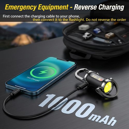 Rechargeable Keychain Flashlight, 800 Lumens 7 Light Modes | Waterproof EDC mini flashlight & COB work light with red-blue strobe. Bright light for hiking, searching and camping.