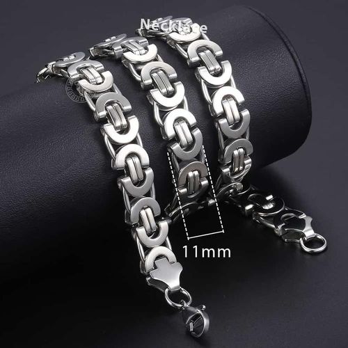 Flat Byzantine Chain Necklace Silver Color 316L Stainless Steel 11mm 24" Link Jewelry for Male Men necklace