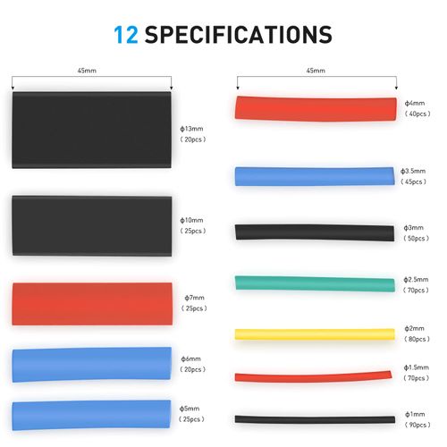 Waterproof Heat Shrink Tube , Heat Shrink 2:1 Electric Insulation Tube Kit 45mm Flame Retardant Wrap Cable Sleeve 560pcs 5 Colors 12 Sizes with Storage Box
