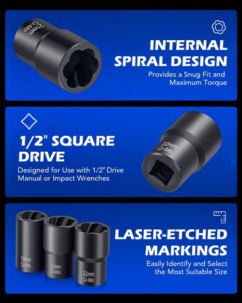 Lug Nut Remover, 5 Counts Wheel Lock Removal Kit, Drive Impact Bolt Nut Extractor for Removing Stripped, Damaged,