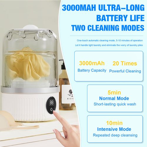 Portable Mini Washing Machine ,Underwear Washer(White), 3000mAh Rechargeable, Portable Small Wireless Washing Machine for Home Use, for Underwear, Small Loads, Baby Clothes