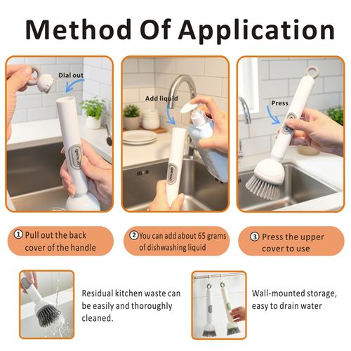 Dish Brush -6-in-1 Dish Brush with Detergent Dispenser - Adjustable Angle & Rotating Scrub Brush for Pots, Pans, Dishes & Utensils | Kitchen Cleaning Brush with Wall Mount for Sink, Stove & Cookware