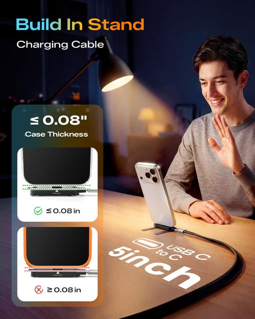 240W Fast Charging USB-C to USB-C Cable with Built-in Phone Stand Soft Silicone Invisible Stand Fast Charging Cord for Gaming, Desk Setup & Hands-Free Viewing