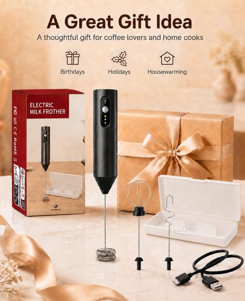 Rechargeable Electric Milk Frother Handheld, Hand Mixer Coffee Frother Wand. Portable Drink Mixer with 3 Speeds, 3 Whisk Heads, Storage Case, Electric Whisk for Matcha Lattes Cappuccino, Kitchen Gifts
