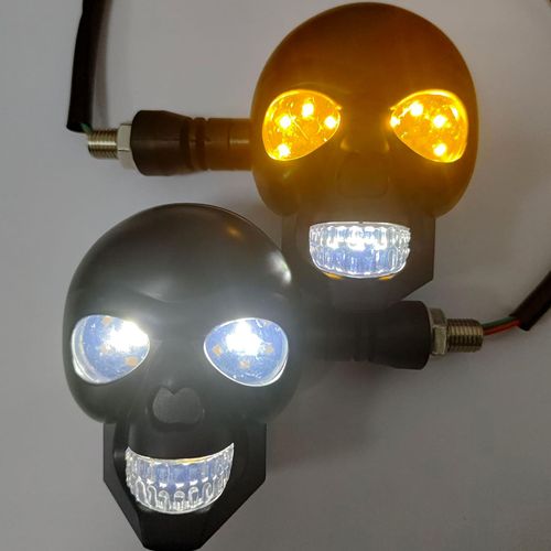 2PCS LED Motorcycle Turn Signal Light, Waterproof Skull Head Warning Light Decoration, 10 mm Screw Blinkers Indicator Replacement part (White for Constant On, Yellow for Turning）
