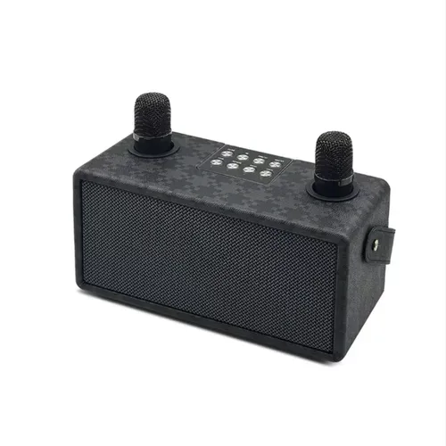 A Bluetooth speaker for karaoke, equipped with two wireless microphones, has a fabric casing and a portable carrying strap. It supports Bluetooth, USB, and memory card playback, offers stereo output, and comes with various singing effects. The built-in battery can be used without power supply, making it suitable for family gatherings and short outdoor activities. It is not suitable for large venues, and high volume can cause distortion.