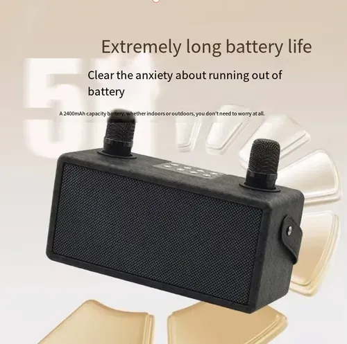 A Bluetooth speaker for karaoke, equipped with two wireless microphones, has a fabric casing and a portable carrying strap. It supports Bluetooth, USB, and memory card playback, offers stereo output, and comes with various singing effects. The built-in battery can be used without power supply, making it suitable for family gatherings and short outdoor activities. It is not suitable for large venues, and high volume can cause distortion.