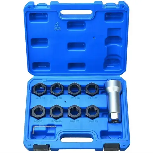 10-piece set of transmission shaft thread repair kit, metric specification, used for minor thread repair of hub and transmission shaft screw. Includes drive sleeve, wrench and portable toolbox. Only suitable for slightly burr-deformed screws. For severely damaged screws, replacement is recommended. Do not forcefully twist. Special for auto repair chassis maintenance. It is a practical repair kit for screw thread damage handling by auto repair stores and mechanics.