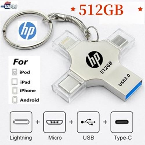 HP Technology 4-in-1 High-Speed Storage USB 512B Flash Drive. Suitable for various mobile phones and computers. It is designed with imported flash memory from Japan and comes with original accessories.
