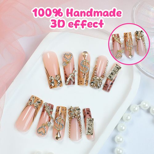 Bestseller – Bow-shaped Gold Diamond Glitter Press-on Nails, Leopard Print Long False Nails, Nail Art