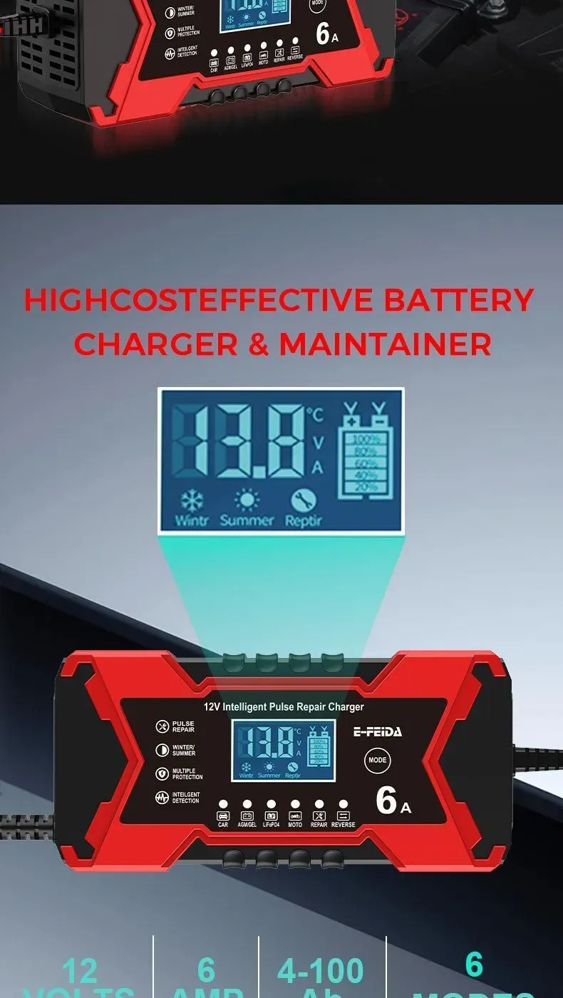 🔥12V 6A Car Motorcycle Battery Charger | Pulse Repair Fast Charging 🚗🏍️