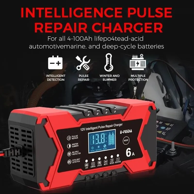 🔥12V 6A Car Motorcycle Battery Charger | Pulse Repair Fast Charging 🚗🏍️