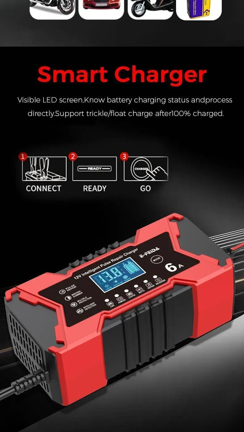🔥12V 6A Car Motorcycle Battery Charger | Pulse Repair Fast Charging 🚗🏍️