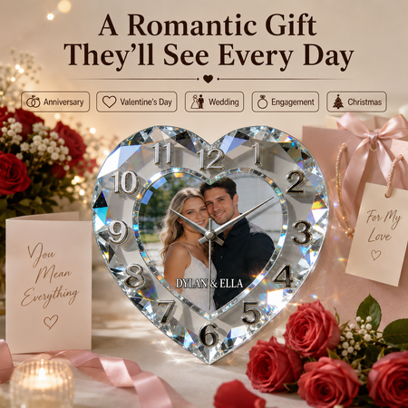 Personalized Heart Photo Wall Clock – Custom Crystal-Style Clock with Names for Couples