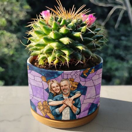 Custom Couple Photo Plant Pot – Personalized Stained Glass Portrait Planter