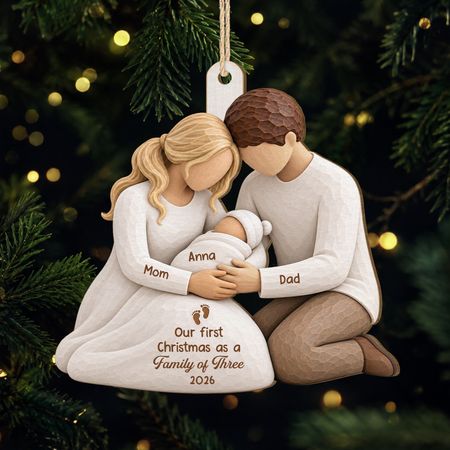 Kneeling Parents with Baby 1 Layer Wood Ornament - Personalized Christmas Family Gifts