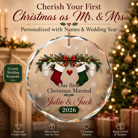 Personalized First Christmas Married Glass Ornament – Custom Names & Wedding Year Newlywed Keepsake