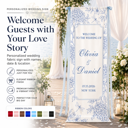 Personalized Wedding Welcome Fabric Sign with Names – Custom Ceremony Backdrop Banner for Wedding Decor