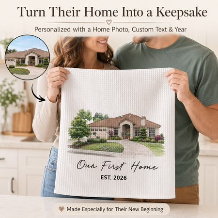 Personalized House Portrait Kitchen Towel – Custom Home Photo, Text & Year Housewarming Gift