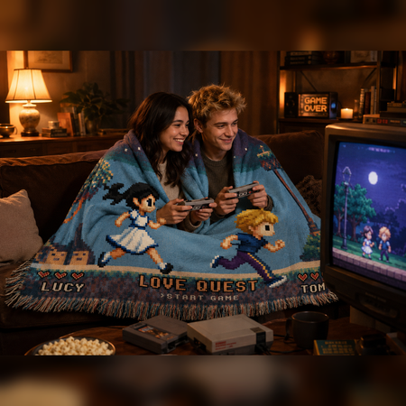 Personalized Retro 8-Bit Gaming Couple Adventure Woven Blanket – Custom Gamer Love Story Throw Blanket with Names