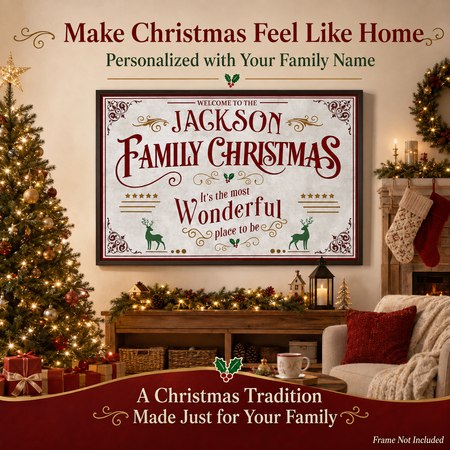 Personalized Family Christmas Poster – Custom Last Name Most Wonderful Place to Be Holiday Wall Art