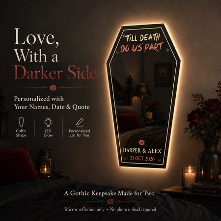 Personalized Coffin LED Mirror – Custom Couple Names, Date & Gothic Love Quote Gift