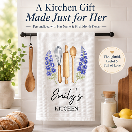 Personalized Birth Month Flower Kitchen Towel – Custom Name Gift for Wife,Mom&Grandma