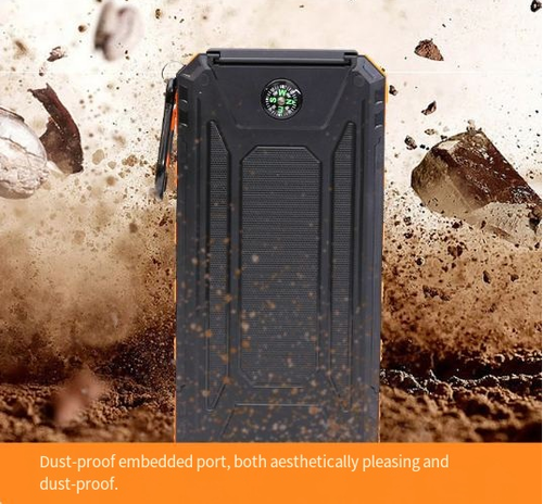 Outdoor waterproof and dust-proof solar-powered portable power bank with built-in compass