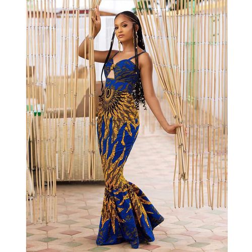 Fish-tail style blue evening dress