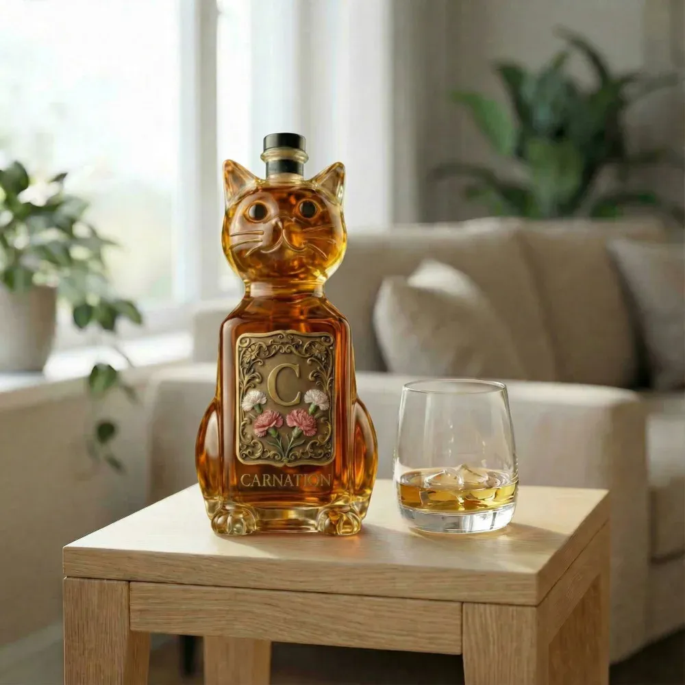 Personalized cat-shaped whiskey bottles, customizable with names and birthday flowers, make a perfect Mother's Day, Valentine's Day, or birthday gift for her.