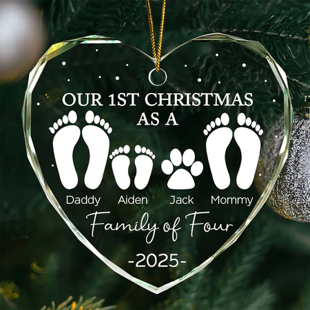First Christmas As A Family Of Four Footprints - Personalized Heart Shaped Glass Ornament