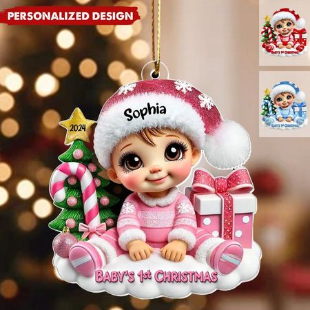 Cute Baby Sitting Personalized Acrylic Ornament, Baby's 1st Christmas