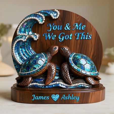 You & Me We Got This, Mother Of Pearl Styled Turtle Couple - Personalized Couple Custom Shaped Wood Plaque