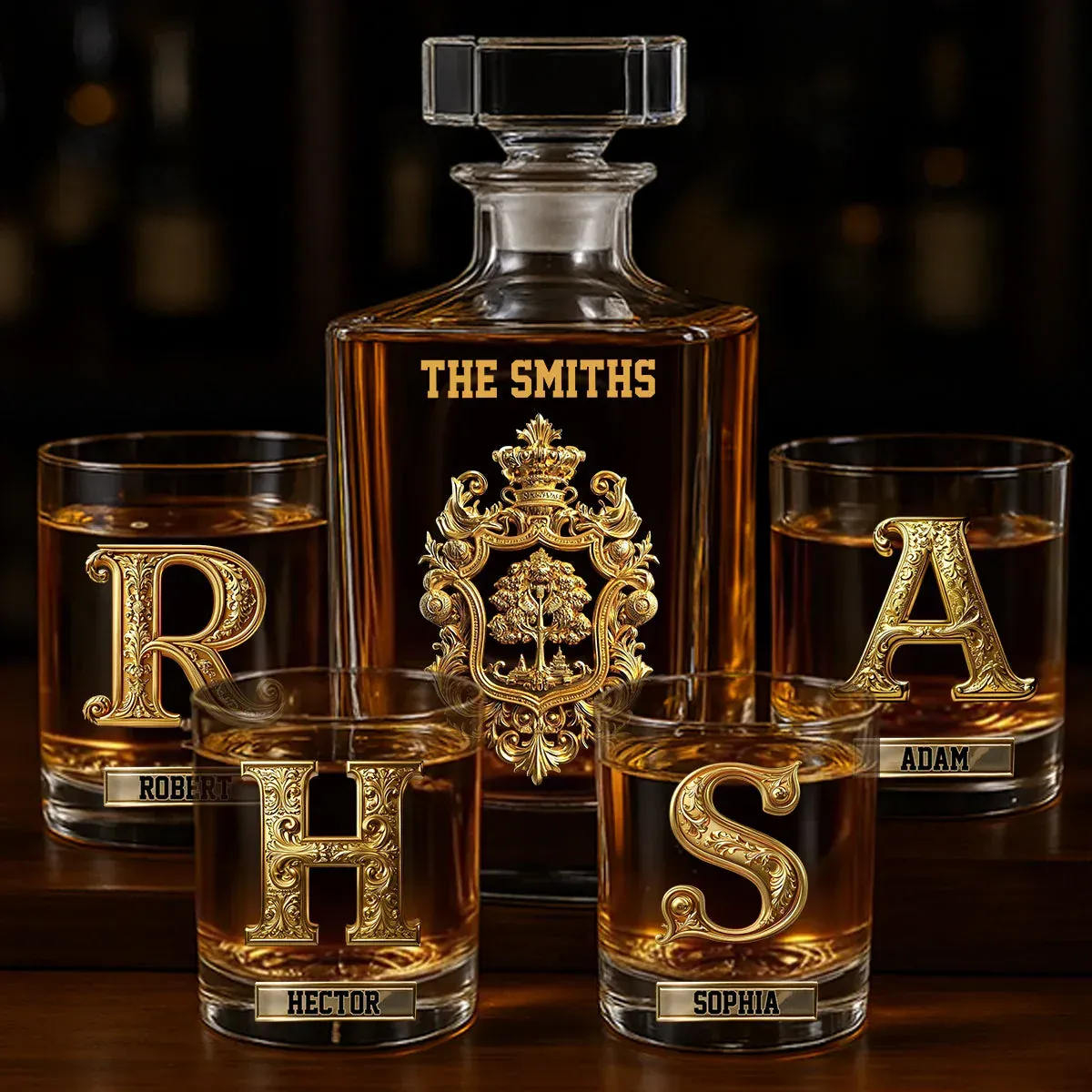 Personalized drink set with initials for the whole family-Personalized whisky decanter set for the whole family