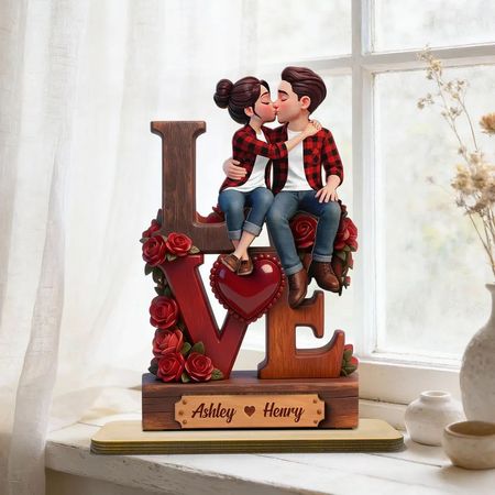 2-Layer Wooden Plaque with Kissing Couple on LOVE and Red Roses - Personalized Keepsake for Anniversary or Valentine's Gift