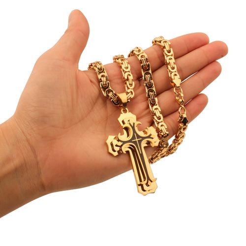 ❤️ Colar masculino vintage com pingente cruz camadas aço preto e dourado