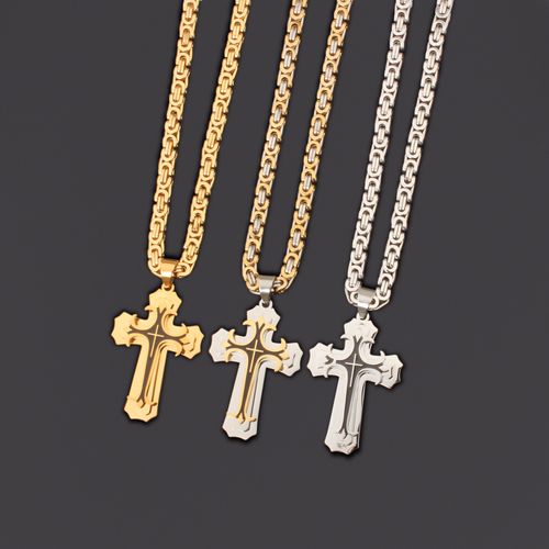 ❤️ Colar masculino vintage com pingente cruz camadas aço preto e dourado