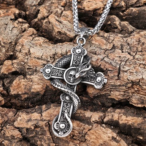 🐍Cruz de caveira com pingente de cobra enrolada em cruz🐍