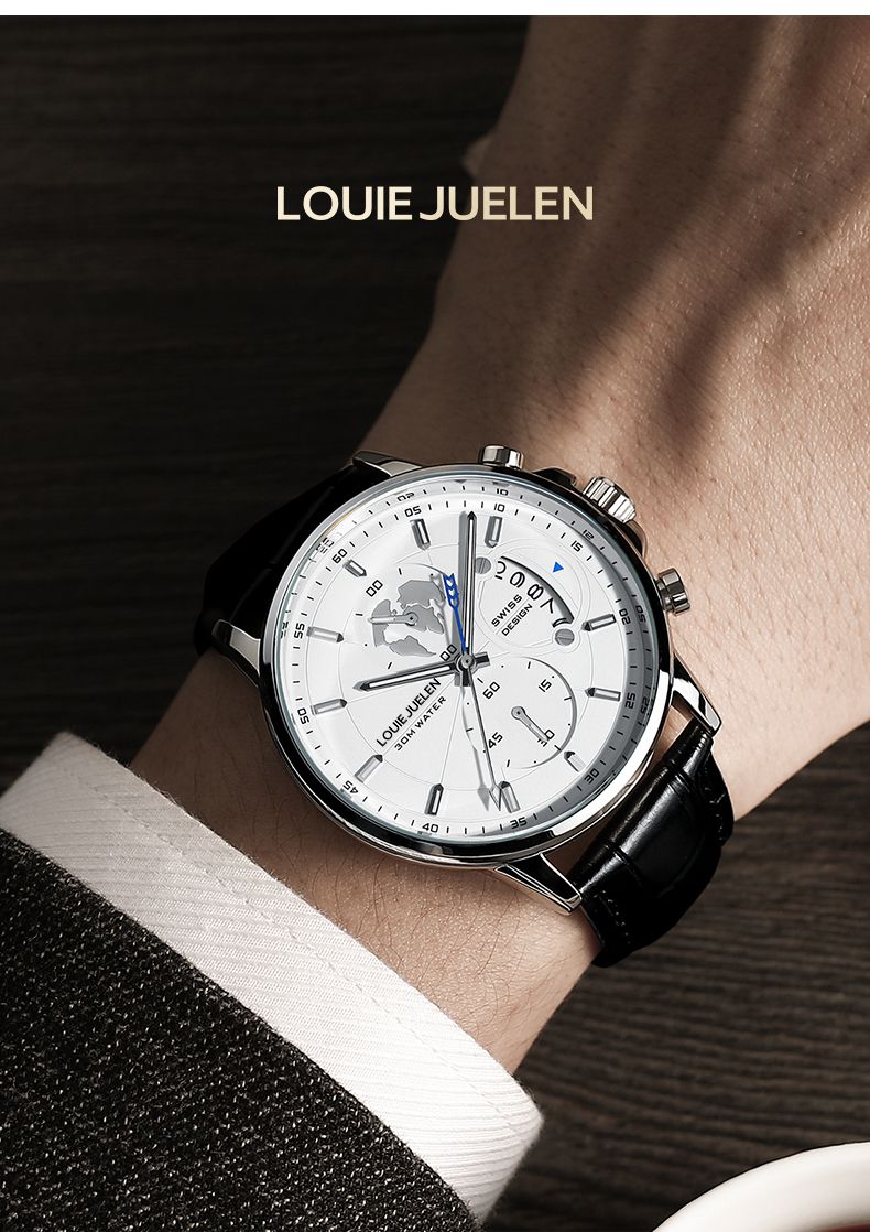 LOUIE JUELEN 576 Hot Sale Waterproof Analog Watch Men Calendar Men's Fashion Business Quartz Wrist Watches Leather Belt Clock