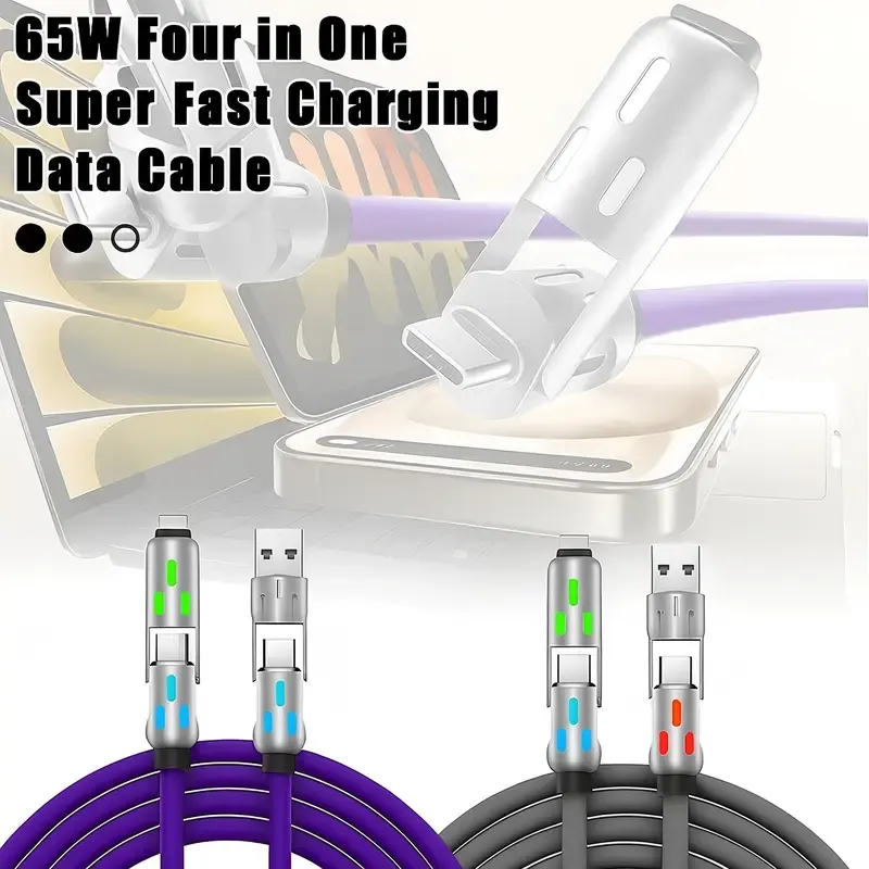 Silicone 240W data cable, fast charging, dual-port, seven-color breathing light