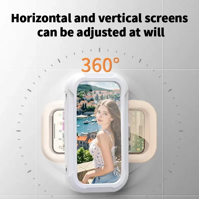A full-range shower phone holder that rotates 360° and allows for adjustable viewing angle.