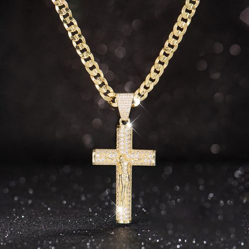 Large Diamond-Studded Cross Necklace with Gold-Plated Cuban Chain and Full Diamond Setting