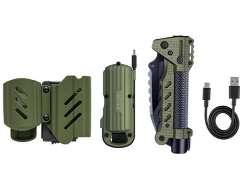 Survival Multitool with Folding Knife, LED Flashlight, Pulse Ignition and Hand Crank Generator, Camping Multitool Knife Rechargeable Flashlight with Belt Sheath (Black)